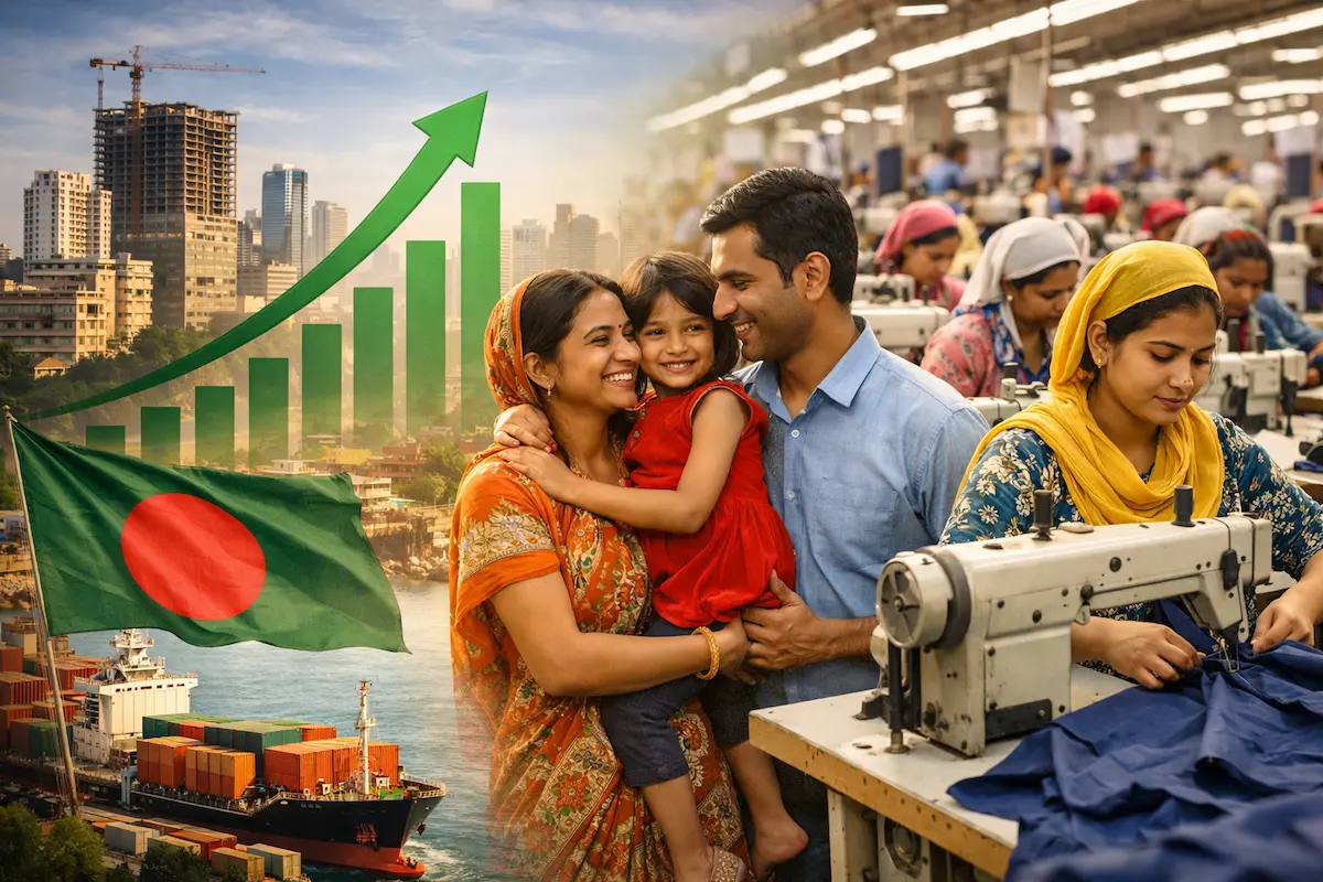 ngladesh economy growth showing Dhaka skyline, GDP increase and export trade development